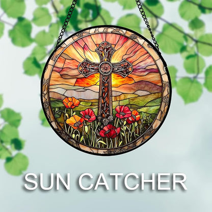 Christian Gifts for Women - Cross Stained Glass Window Hanging Jesus Easter Poppy Sunset Landscape Sun Catcher Garden Religion Decor Mother's Day Catholic Gift for Men Grandma Mom Her 7.8"