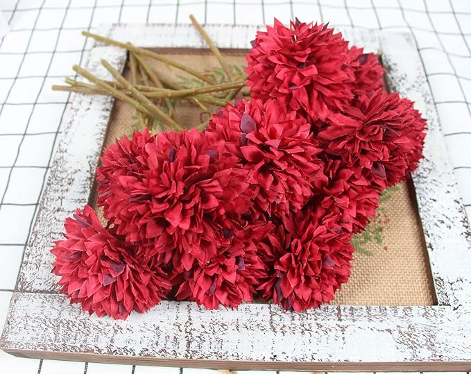 Tinsow 12Pcs Artificial Chrysanthemum Faux Red Ball Flowers Burgundy Fall Flowers for Christmas Autumn Farmhouse Home Decoration (12, Red)