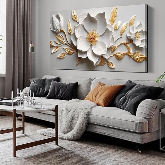 Canvas Wall Art for Living Room Bedroom Office White and Gold Flower Artwork Large Botanical Wall Art Framed Wall Decor Modern Canvas Prints 29x59 In