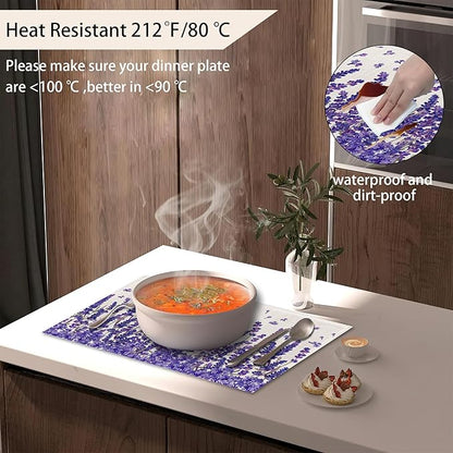 Placemats,Lavender Flower Placemats 12x18 Inch Waterproof Non-Slip Washable Table Mats for Kitchen Dining Party Table Decor,Set of 6