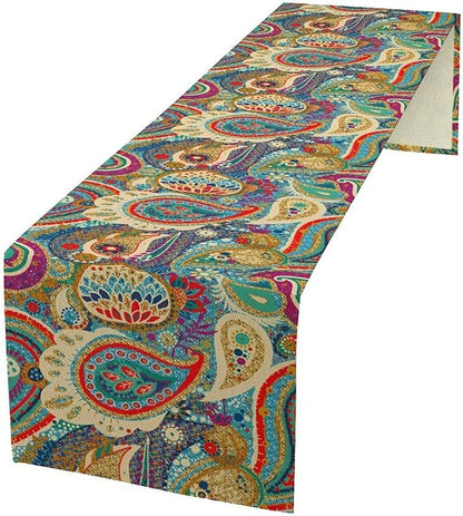 Boho Paisley Table Runner, Colorful Indian Mandala Floral Golden Aeccent Bohemian Style Table Runnner for Kitchen Dining Holiday Party Decoration, 13x108 Inch