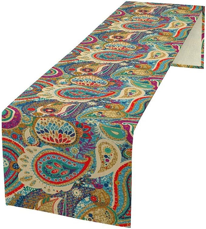 Boho Paisley Table Runner, Colorful Indian Mandala Floral Golden Aeccent Bohemian Style Table Runnner for Kitchen Dining Holiday Party Decoration, 13x60 Inch