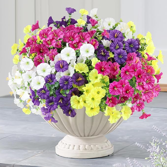12PCS Artificial Flowers for Outdoor Decorations, Realistic Faux Silk Petunia Flowers for Outside, Fake Plants Morning Glory with Eucalyptus Porch Patio Planters Window Boxes Decor