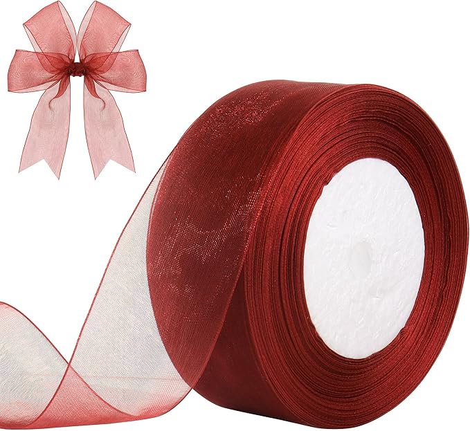 1-1/2 Inch x 50 Yards Sheer Organza Ribbon Chiffon Ribbon for Gift Wedding Flower Bouquet Wrapping Decorations Crafts (Wine red)