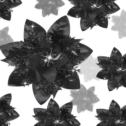 36 Pcs Christmas Glitter Artificial Poinsettia Flowers Xmas Poinsettia Artificial Wedding Flowers Decorations Xmas Tree Ornaments with Clips for Party, 6 Inch, 4 Inch, 3 Inch(Black)