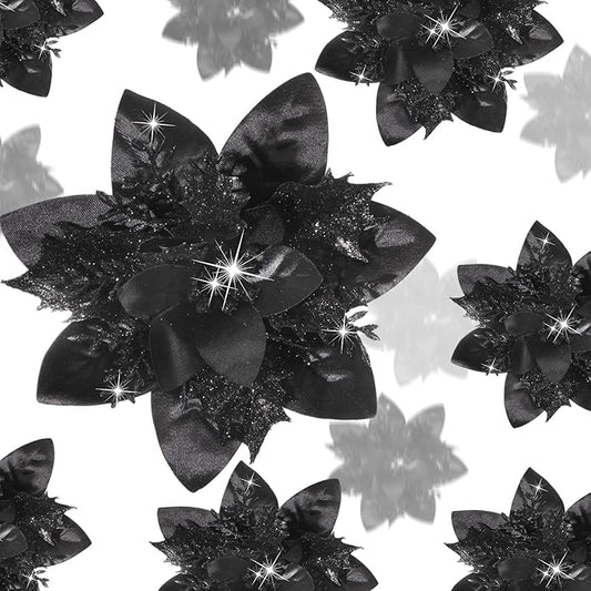 36 Pcs Christmas Glitter Artificial Poinsettia Flowers Xmas Poinsettia Artificial Wedding Flowers Decorations Xmas Tree Ornaments with Clips for Party, 6 Inch, 4 Inch, 3 Inch(Black)
