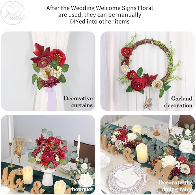 Artificial Wedding Arch Flowers for Wedding Sign,Set of 2 for Wedding Welcome Ceremony Sign,Faux Floral Swags,Wedding, Banquet and Reception Backdrop Floral Decoration (White Red)