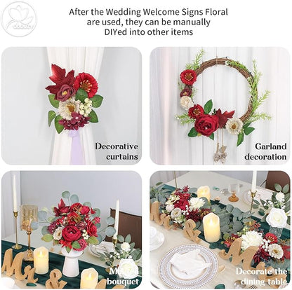 Artificial Wedding Arch Flowers for Wedding Sign,Set of 2 for Wedding Welcome Ceremony Sign,Faux Floral Swags,Wedding, Banquet and Reception Backdrop Floral Decoration (White Red)
