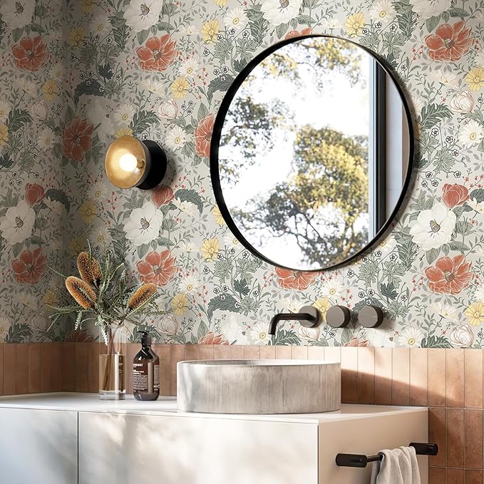 Simon&Siff Vintage Wallpaper Peel and Stick Modern Floral Wall Paper Farmhouse Botanical Contact Paper Removable Renter Friendly Wallpaper for Cabinets Countertop Wall 400" x 17.3"