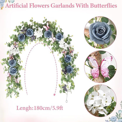 2Pcs 5.9 Ft Artificial Rose Vine Fake Flower Garland Blue Rose Hydrangea Vines with 3D Butterflies Hanging Floral Eucalyptus Garland for Wedding Party Background Arch Table Wall Home Decor