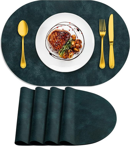 ADRIMER Placemats, Heat Resistant Oval Placemats Set of 4 Washable 12 x 17 Inch, Waterproof Table Mats, Wipeable Pu Place Mats for Kitchen, Dining Room, Dark Blue