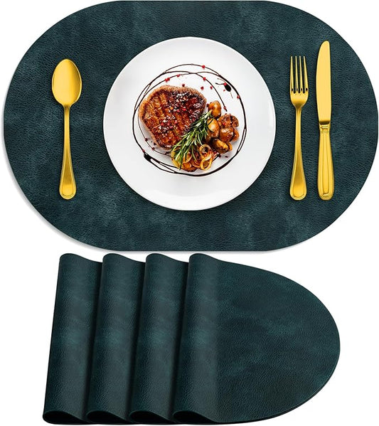 ADRIMER Placemats, Heat Resistant Oval Placemats Set of 4 Washable 12 x 17 Inch, Waterproof Table Mats, Wipeable Pu Place Mats for Kitchen, Dining Room, Dark Blue