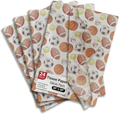 Sports Balls Printed Tissue Paper for Gift Bags or Boxes and Wrapping - Soccer, Basketball, Baseball - Bulk Decorative Art Tissue Paper for Packaging and Gifting | 24 Sheets 20" x 30"