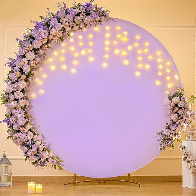 7.2 FT Purple Round Backdrop Cover with Lights String for Circle Arch Stand Circle Backdrop Covers with LED Fairy Lights for Wedding Arch Baby Shower Birthday Party Photo Photography Background