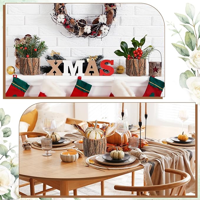 3 Pcs Wooden Vase for Centerpieces Christmas Table Decor Wooden Flower Vase Rustic Bark Stump Buckets Vintage Wood Planter Pots for Xmas Woodland Party Wedding Window Home Farmhouse (Large)