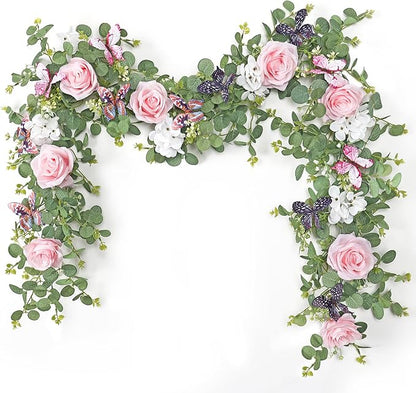2Pcs 5.9 Ft Artificial Rose Vine Fake Flower Garland Pink Rose Hydrangea Vines with 3D Butterflies Hanging Floral Eucalyptus Garland for Wedding Party Background Arch Table Wall Home Decor