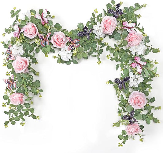 2Pcs 5.9 Ft Artificial Rose Vine Fake Flower Garland Pink Rose Hydrangea Vines with 3D Butterflies Hanging Floral Eucalyptus Garland for Wedding Party Background Arch Table Wall Home Decor