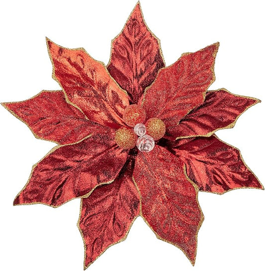 Hollyone 3PCS Poinsettia Christmas Flowers Artificial 11" Large Red Glitter Poinsettia Flowers Christmas Tree Ornaments Floral Picks for Tree Wreath Garland Vase Table Centerpiece Home Decor