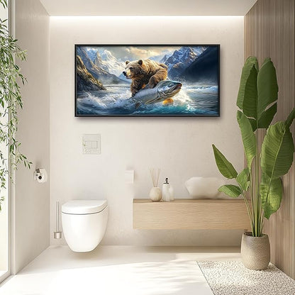 Bear Fish Large Decor Framed Wall Art Mountain Pictures for Living Room, Oversized Canvas Print Painting Modern Extra Large Framed Artwork for Bedroom Office Home Decor 60"x30"
