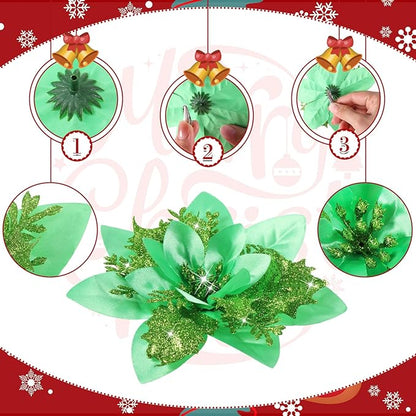 Geosar 36 Pcs Christmas Glitter Artificial Poinsettia Flowers Xmas Poinsettia Artificial Wedding Flowers Decorations Xmas Tree Ornaments with Clips for Party, 6 Inch, 4 Inch, 3 Inch(Emerald Green)