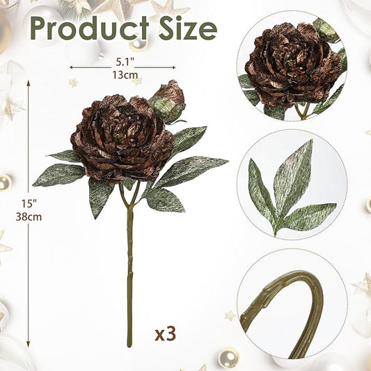 Briful 3PCS Artificial Christmas Peony Flower Stems, 15in Silk Peonies with Bud Fake Peony Floral Arrangement for Xmas Home Vase Party Wedding Bouquet Decor, Coffee Brown