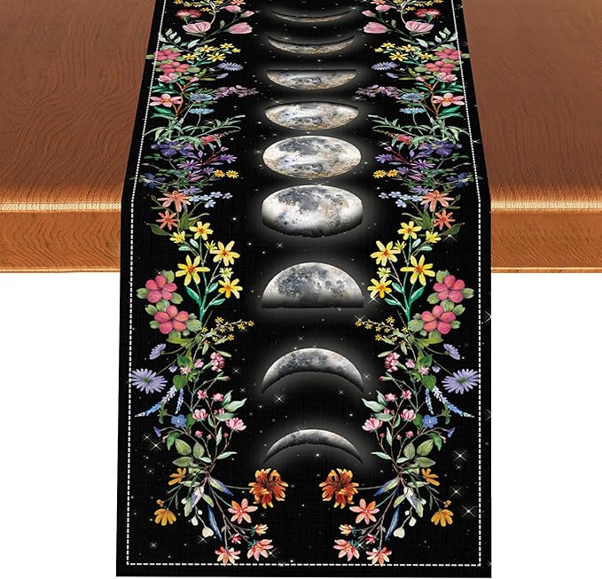 Boho Floral Table Runner, Spring Gothic Moon Phase Wildflower Mystical Witchy Farmhouse Coffee Table Center Decor for Home Kitchen Dining Patio Holiday Party Table Decorations 13x108 inches