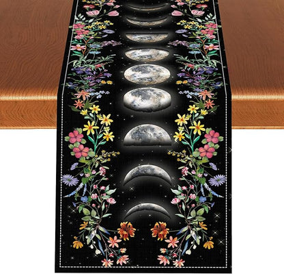 Boho Floral Table Runner, Spring Gothic Moon Phase Wildflower Mystical Witchy Farmhouse Coffee Table Center Decor for Home Kitchen Dining Patio Holiday Party Table Decorations 13x36 inches