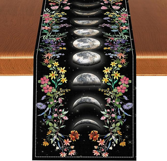 Boho Floral Table Runner, Spring Gothic Moon Phase Wildflower Mystical Witchy Farmhouse Coffee Table Center Decor for Home Kitchen Dining Patio Holiday Party Table Decorations 13x36 inches