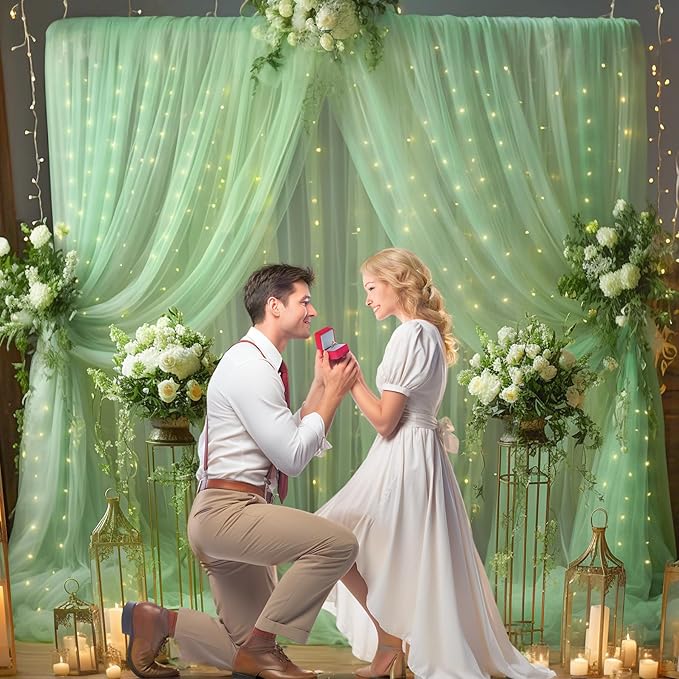 20x8ft Olive Green Tulle Backdrop Curtain with Lights String for Parites, Sheer Backdrop Curtains for Wedding Baby Shower Birthday Party Photo Shoot Decorations