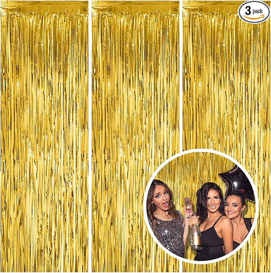 3 Pack Gold Fringe Backdrop Curtain Tinsel Party Streamers Birthday Party Decorations New Year Photo Booth Backdrop Halloween Christmas Graduation Bachelorette Theme Party Decorations