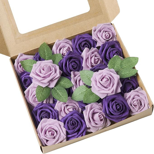 Meldel Artificial Flowers 50pcs Real Looking Purple Lilac Foam Fake Roses with Stems for DIY Wedding Bouquets Bridal Shower Centerpieces Floral Arrangements Home Decorations