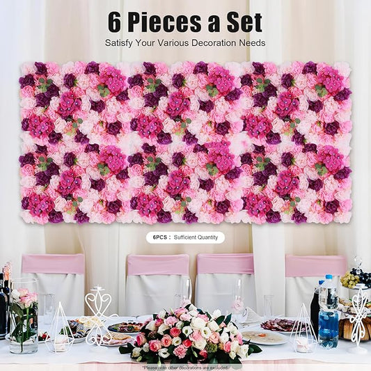 Flower Wall Backdrop 3D Wall Panels, 6Pcs Artificial Flower Wall Panel Silk Rose Floral Decorative Faux Flower Wall Background for Wedding Home Decoration (Pink, Purple,23.6 * 15.7in)