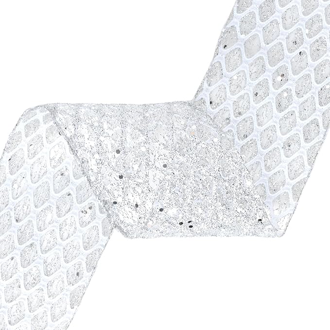 VATIN 4" Silver Christmas Ribbon, Silver Glitter Mesh Diamond Web Sequin Dots Wired Christmas Ribbon for Gift Wrapping Bow Making Wreath Supply-10 Yards