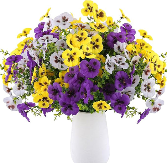 Artificial Fake Pansy Flowers for Outdoor, Faux Silk Pansies Spring Flowers for Outside for Planter Front Door Porch Yard Patio Window Box Home Decor (18, Purple, Yellow, White)