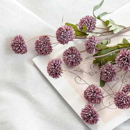 Artificial Kiku Flower - 5 Pcs Fake Pompon Mums Silk Small Chrysanthemum Faux Ball Fall Flower Stem Decor for Autumn Wedding Filler DIY Bouquet Centerpieces Arrangements Shower (Grey Purple)