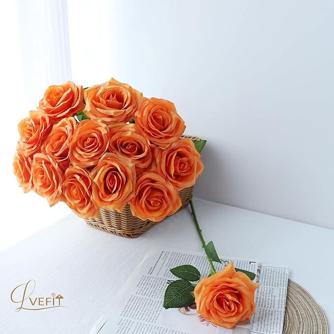 50pcs Artificial Rose Flower Orange Rose Orange Flower with Long Stem Silk Roses Bouquet for Wedding Bridal Shower Party Home Decoration