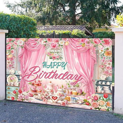 Tea Party Backdrop Let's Partea Happy Birthday Photography Background Wonderland Pink Rose Floral Teapot Women Tea Party Decor Banner Portrait Photo Booth Studio Props 7x5ft FU047YL