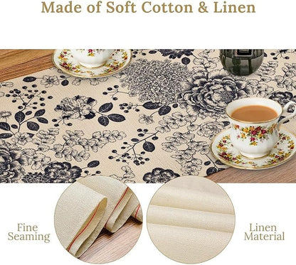 Boho Floral Table Runner, Vintage Rose Peonies Hydrangea Flower Botanical Aesthetic Gothic Beige Black Garden Table Runner for Indoor Outdoor Home Party Holiday Decor, 13x90inch