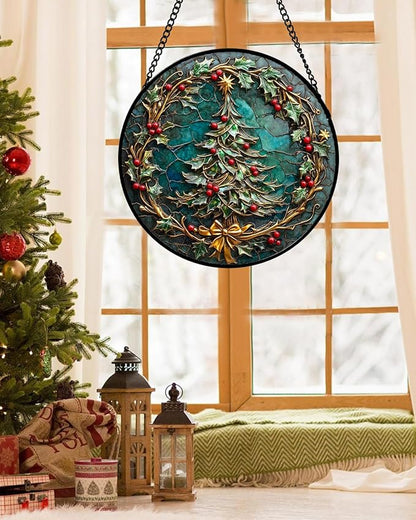 Stained Glass Window Hangings - Red Gold Green Wreath Suncatcher for Door Home Christmas Tree Decoration Sun Catcher Thanksgiving New Year Birthday Gift for Women Men Mom Grandma 6.3 in