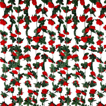 8Pcs 63Ft Red Rose Garland, Fake Rose Hanging Flowers, Artificial Flower Vine, Hanging Floral Vine Garland for Wedding, Birthday Party, Wall Arch, Halloween, Christmas Garden Backdrop Decor