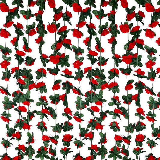 16Pcs 126Ft Red Rose Garland, Fake Rose Hanging Flowers, Artificial Flower Vine, Hanging Floral Vine Garland for Wedding, Birthday Party, Wall Arch, Halloween, Christmas Garden Backdrop Decor