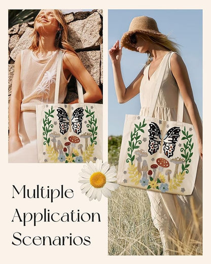 Aesthetic Embroidery Tote Bag for Women - Reusable Canvas Cute Shoulder Bag for Shopping, Grocery, Work, Book