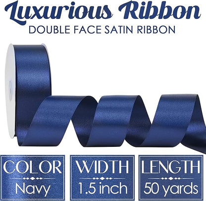 MEEDEE Navy Satin Ribbon 1-1/2 Inch Navy Blue Ribbon Lux Double Faced Satin Ribbons by 50 Yards Navy Blue Polyester Ribbons for Crafts, Weddings, Flower Bouquet, Holiday Decorating