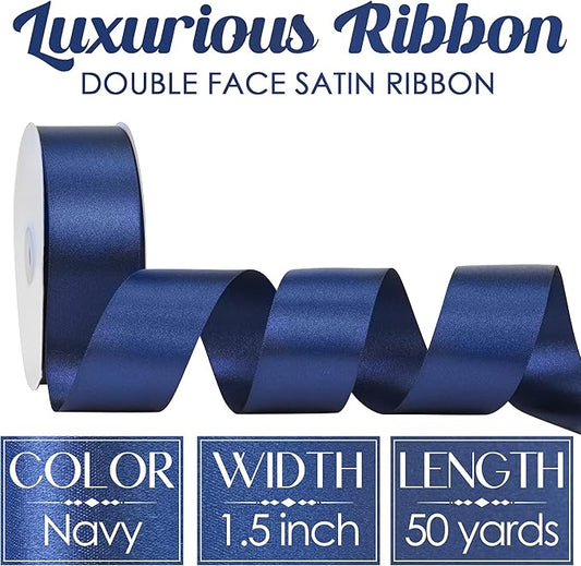 MEEDEE Navy Satin Ribbon 1-1/2 Inch Navy Blue Ribbon Lux Double Faced Satin Ribbons by 50 Yards Navy Blue Polyester Ribbons for Crafts, Weddings, Flower Bouquet, Holiday Decorating