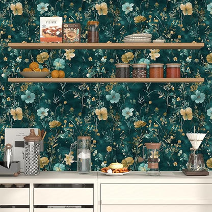 Teal/Blue/Yellow Floral Peel and Stick Wallpaper Boho Wallpaper 17.5"x118" Vintage Wildflowers Contact Paper Waterproof Self Adhesive Modern Stick on Wall Paper for Bedroom Walls Table Cabinet