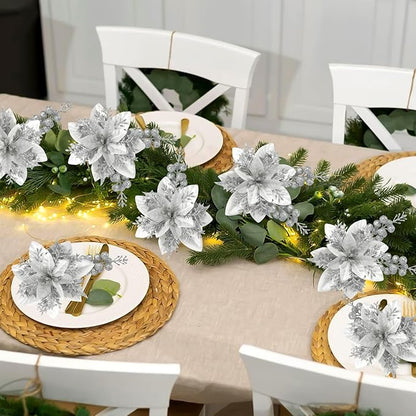 50pcs Glitter Poinsettia Christmas Ornaments, Artificial Flowers with Clips Stems for DIY Wreath Making, Holiday Home Party Decorations, Indoor Use (Sliver)