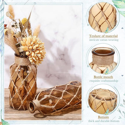 Chuangdi Set of 2 Coastal Glass Vases for Flower Small Flower Vase with Boho Rope Wrapping Beach Decorative Bottle for Coastal Nautical Table Centerpiece Wedding Floral Arrangement Decor(Light Brown)
