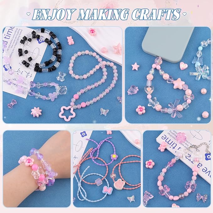 Assorted Acrylic Beads, 200-260PCS Pink Cute Beads for Bracelet Making, GummyBear Bow Flower Candy Kawaii Charms for Jewelry Making DIY Necklace Keychain Phone Charm Christmas Gift