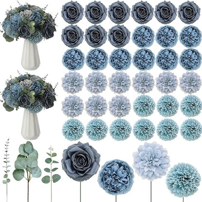 98 Pcs Assorted Faux Flowers Heads with Stem Eucalyptus Leaves Silk Artificial Flowers Bouquet Floral Table Centerpieces for DIY Wedding Party Wreath Home Decoration(Gray Blue,Vivid Style)