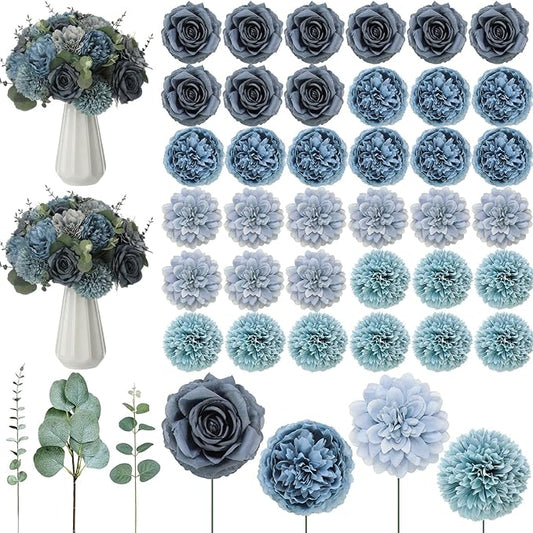 98 Pcs Assorted Faux Flowers Heads with Stem Eucalyptus Leaves Silk Artificial Flowers Bouquet Floral Table Centerpieces for DIY Wedding Party Wreath Home Decoration(Gray Blue,Vivid Style)
